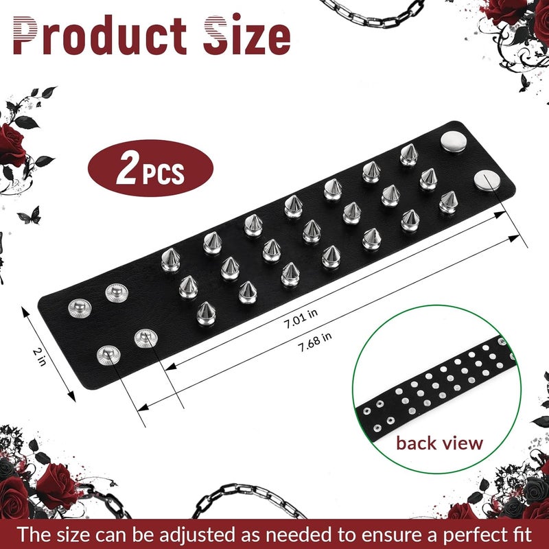 JOLYEAK Punk Leather Rivets Bracelets Punk Rock Leather Studded Bracelets 80s Wristband Emo Gothic Spike Cuff Bracelet Set for Men Women Rocker Outfits Skull Bracelet - Image 2